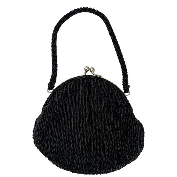 NYTLites Womens Small Beaded Black Purse Silver Tone Kiss Lock Beaded Handle Y2K - Picture 2 of 6